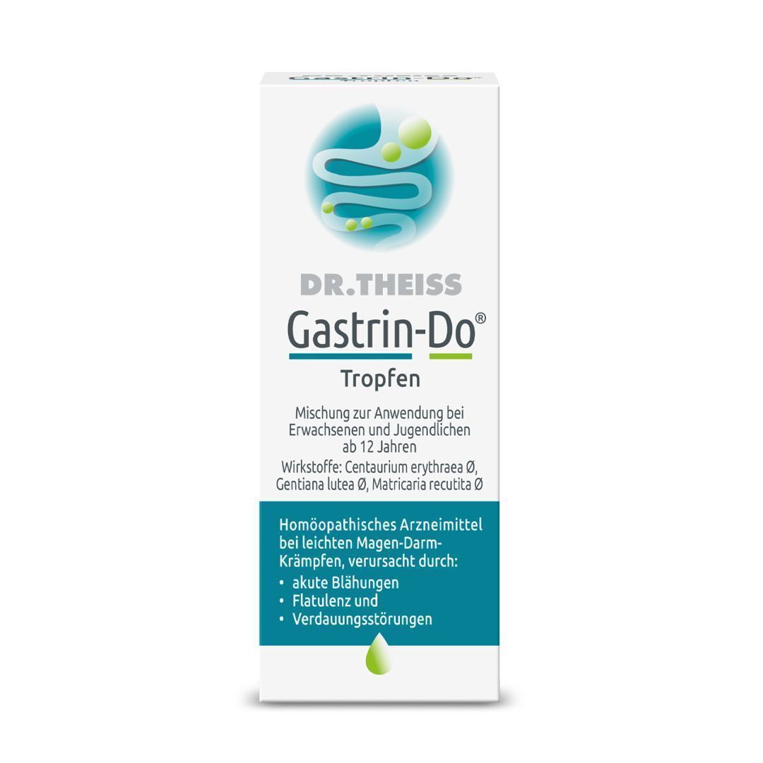 Weiße Schachtel DR. THEISS Gastrin-Do Tropfen. Logo und Produktinformationen. Grünes Tropfensymbol.