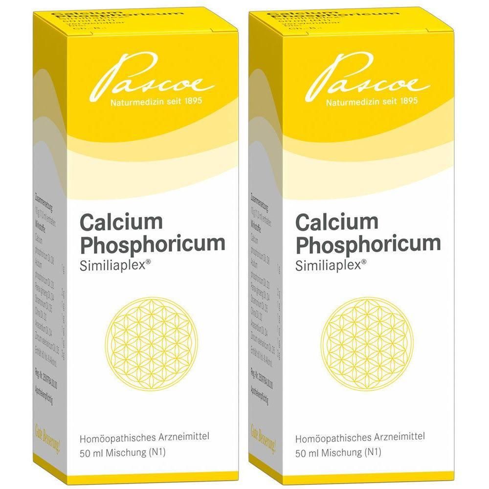Zwei gelb-weiße Schachteln. Aufschrift: Calcium Phosphoricum Similiaplex, Pascoe Naturmedizin. Homöopathisches Arzneimittel.