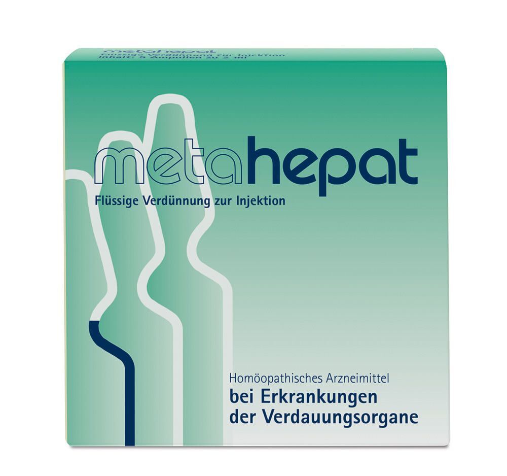 Grün-weiße Verpackung von metahepat Ampullen. Produktname und Text auf der Vorderseite. Homöopathisches Arzneimittel.
