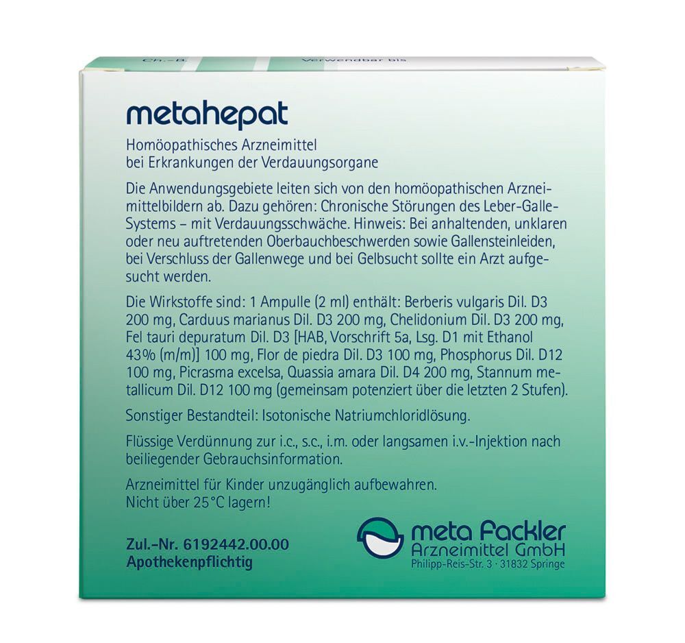Rückseite der metahepat Ampullen Verpackung. Text mit Inhaltsstoffen und Informationen. Apothekenpflichtig.