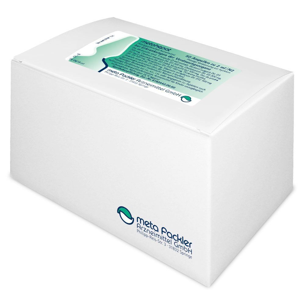 Weiße Verpackung mit metahepat Aufkleber. Aufkleber mit Produktinformationen. Logo von meta Packler.