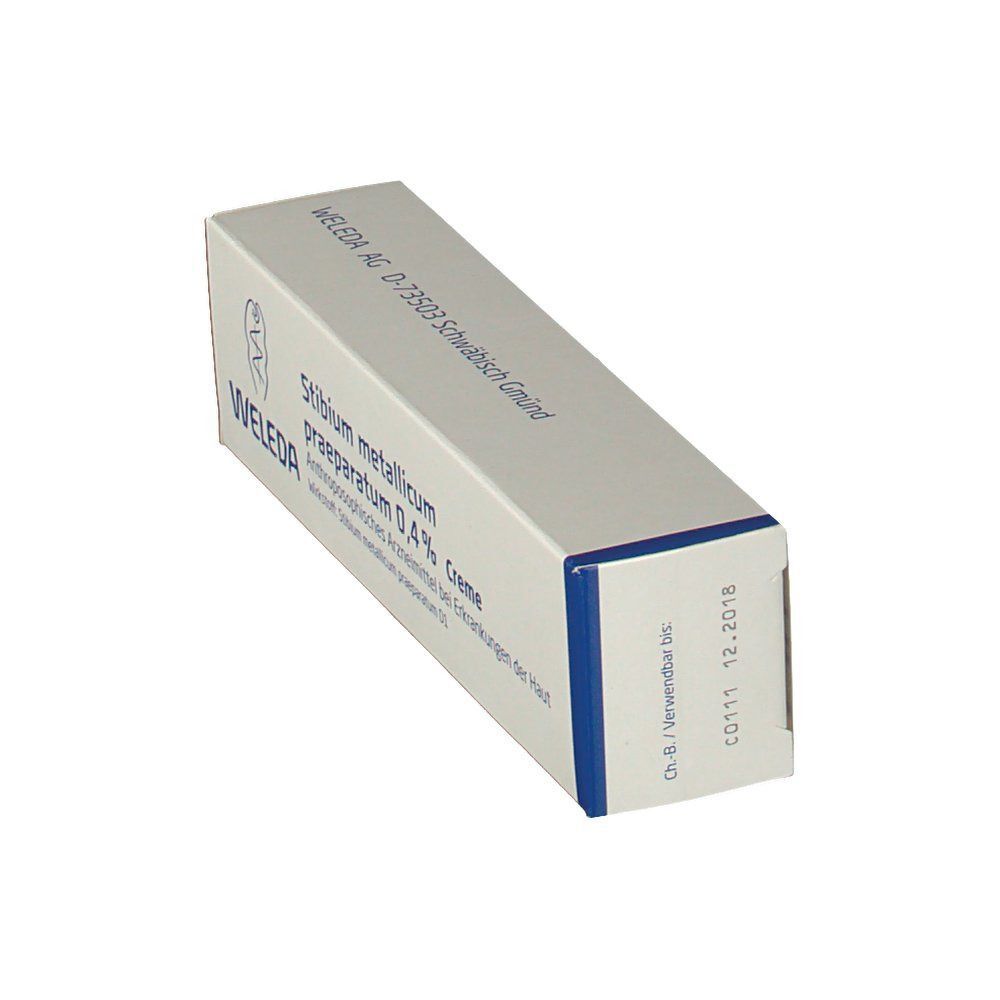 Schachtel Stibium metallicum praeparatum 0,4 % Creme. Aufschrift: WELEDA, Anthroposophisches Arzneimittel.