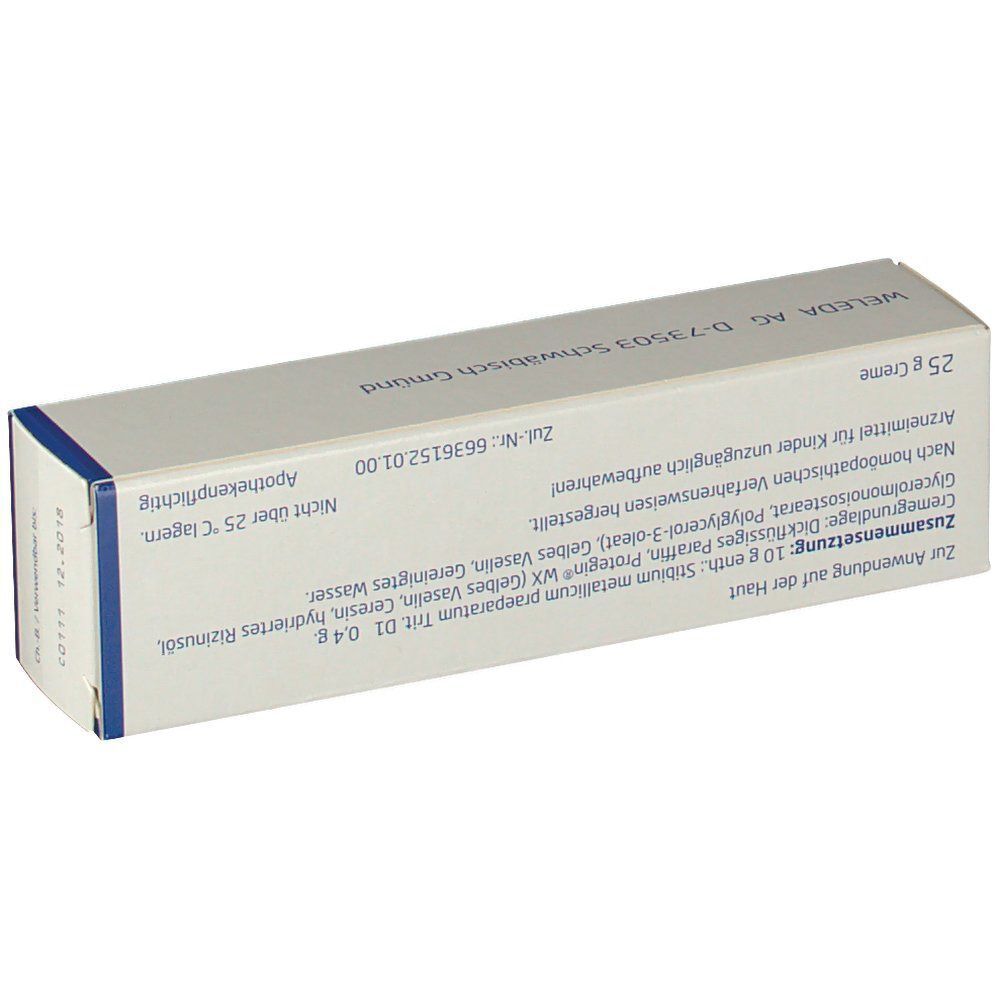 Schachtel Stibium metallicum praeparatum 0,4 % Creme. Aufschrift: WELEDA, 25g Creme.