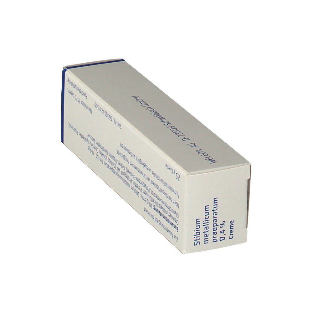 Schachtel Stibium metallicum praeparatum 0,4 % Creme. Aufschrift: WELEDA, 25g Creme.