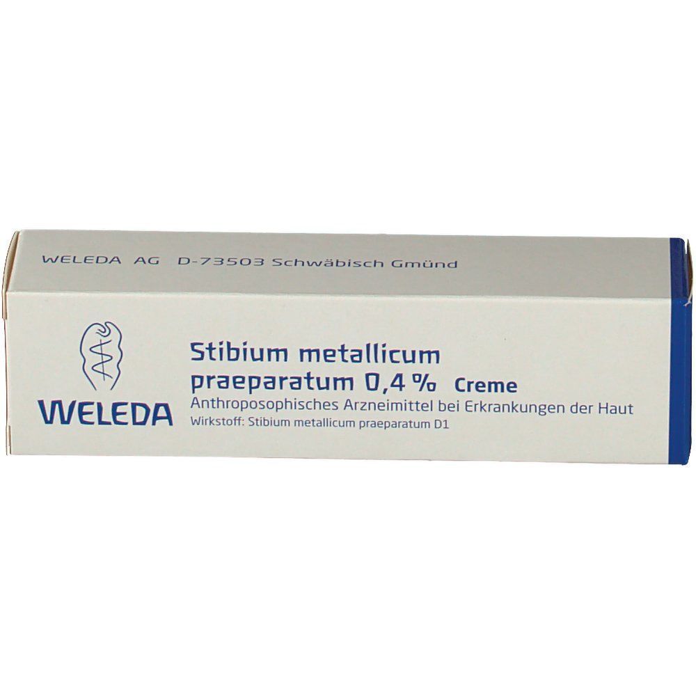 Schachtel Stibium metallicum praeparatum 0,4 % Creme. Aufschrift: WELEDA, Anthroposophisches Arzneimittel.