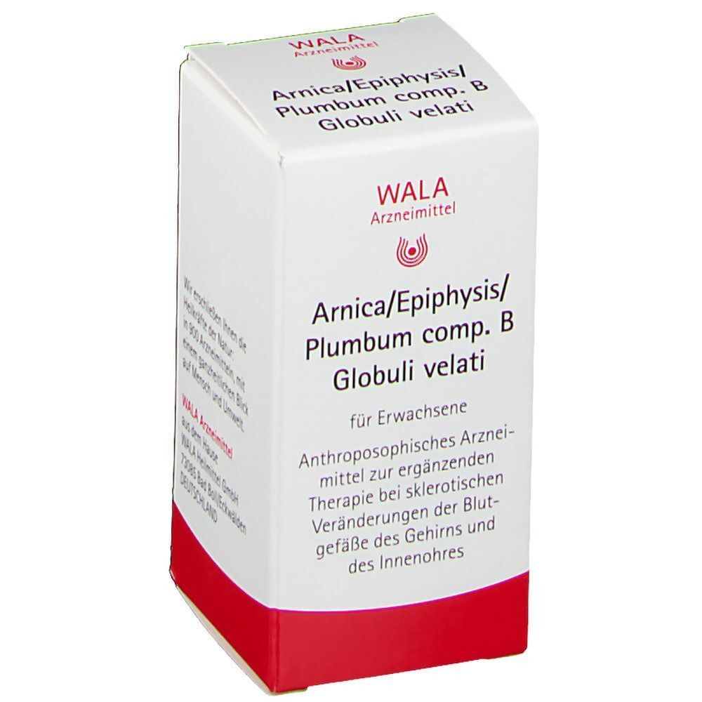 Weiße Faltschachtel mit rotem Streifen. Aufschrift: "Arnica/Epiphysis/Plumbum comp. B Globuli velati" und "WALA".