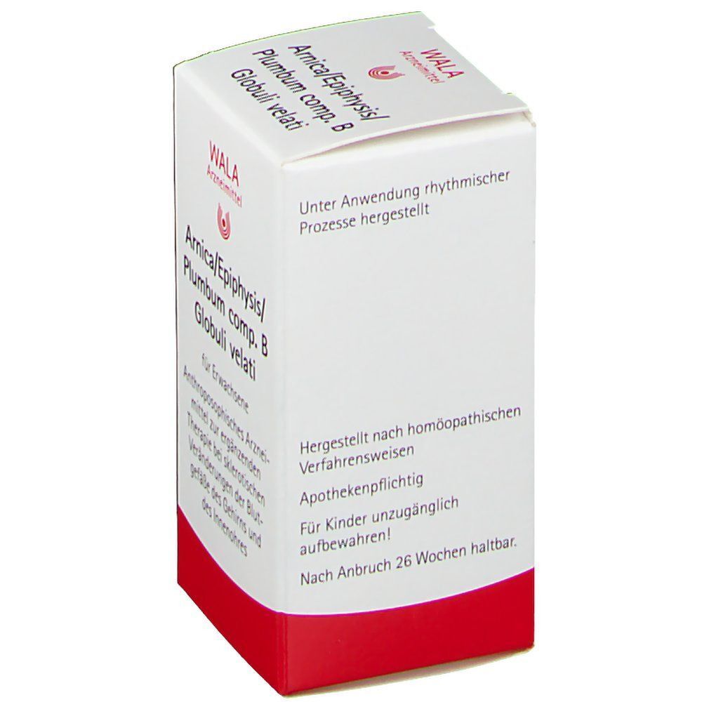 Weiße Faltschachtel mit rotem Streifen. Aufschrift: "Arnica/Epiphysis/Plumbum comp. B Globuli velati" und "WALA".