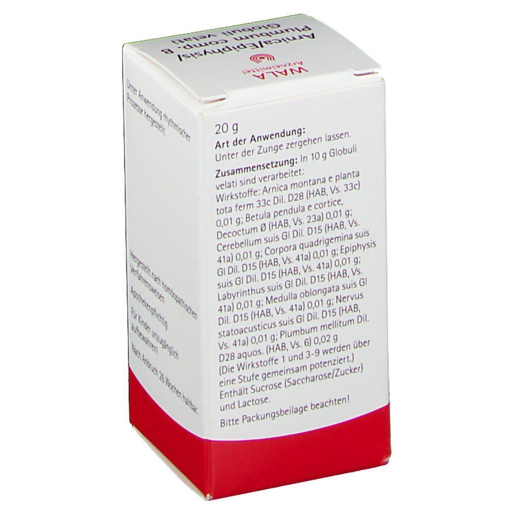 Weiße Faltschachtel mit rotem Streifen. Text über Inhaltsstoffe und Anwendung. Aufschrift: "WALA".