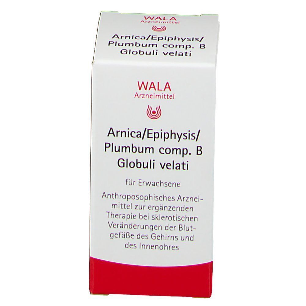 Weiße Faltschachtel mit rotem Streifen. Aufschrift: "Arnica/Epiphysis/Plumbum comp. B Globuli velati" und "WALA".