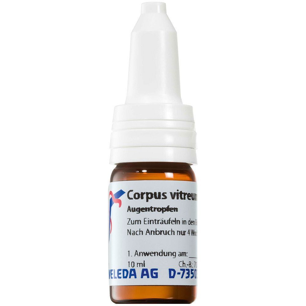 Braune Glasflasche mit weißem Tropfverschluss, 10 ml Corpus vitreum Augentropfen von Welleda AG.