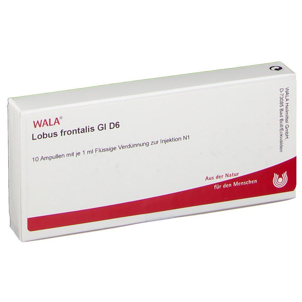 WALA® Lobus frontalis Gl D 6 Packung. Weiße Schachtel mit roter Linie. Enthält 10 Ampullen mit Flüssigkeit zur Injektion. Logo und Schriftzug.