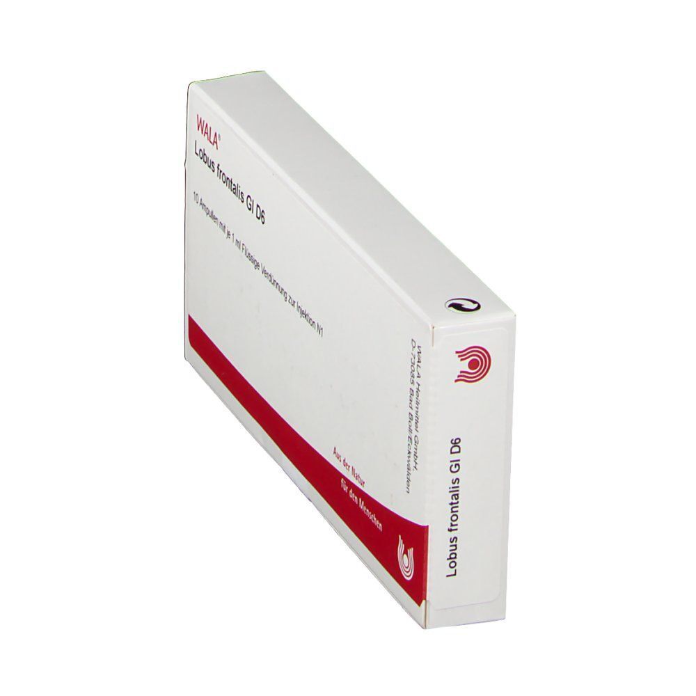 WALA® Lobus frontalis Gl D 6 Packung. Weiße Schachtel mit roter Linie. Seitenansicht. Logo und Produktbezeichnung.