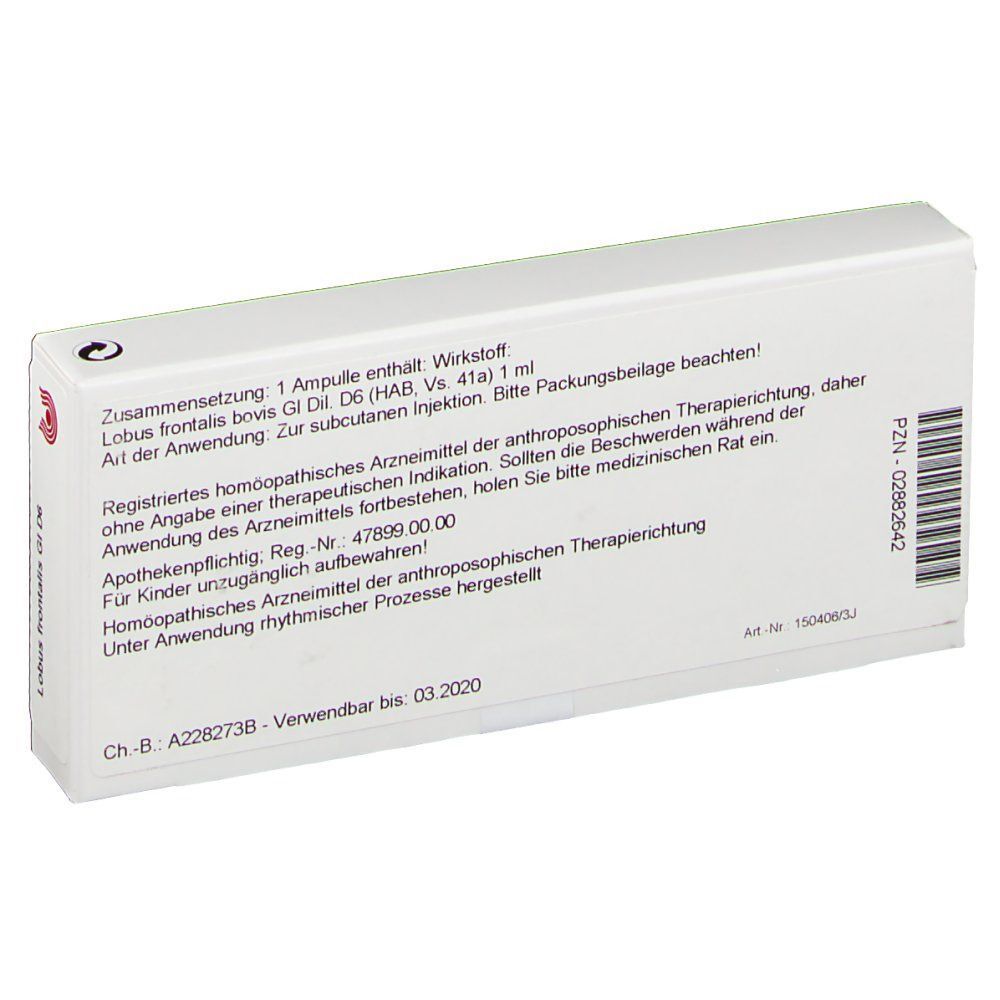 Rückseite der WALA® Lobus frontalis Gl D 6 Packung. Textinformationen, Inhaltsstoffe, Herstellerangaben. Weiße Verpackung.