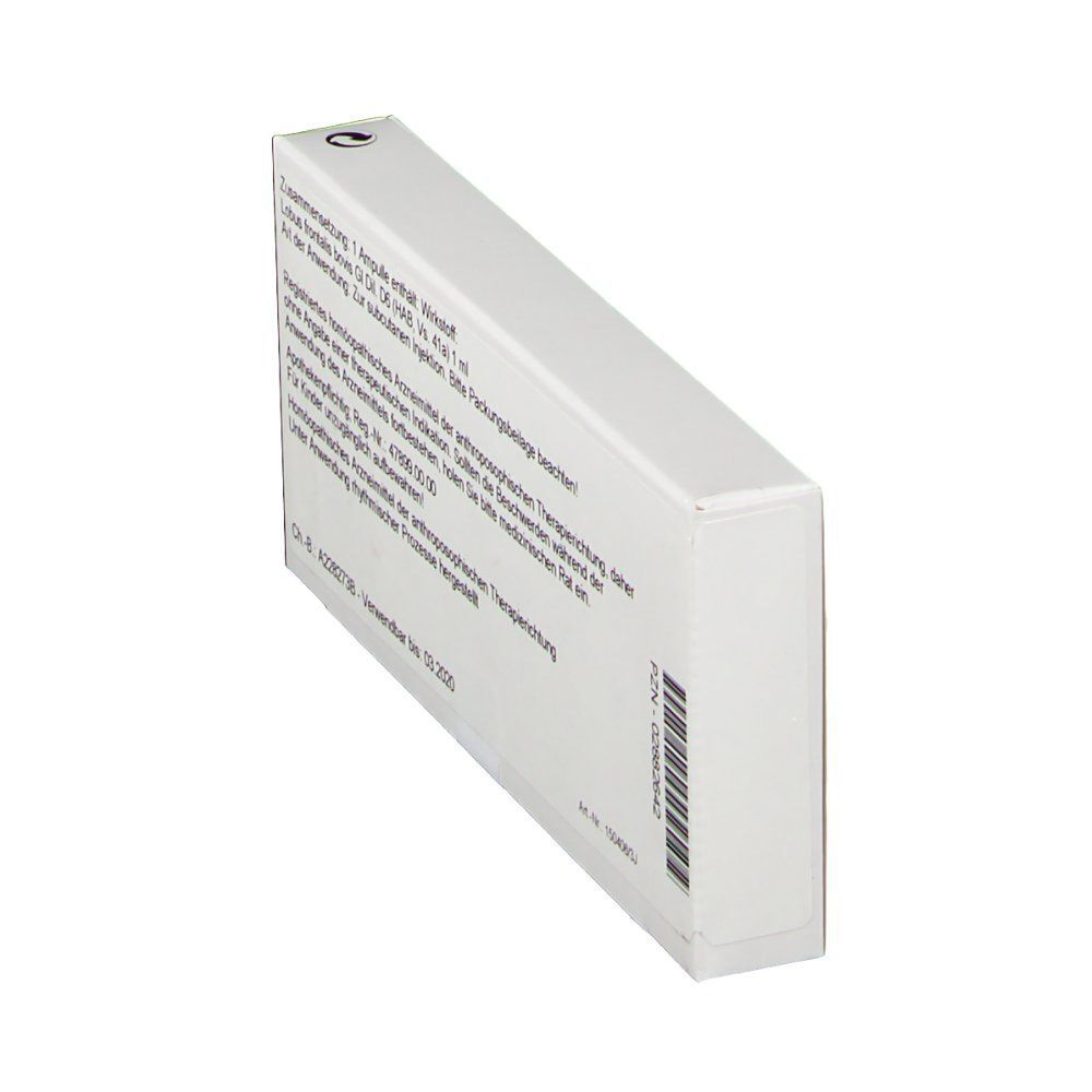 Seitenansicht der WALA® Lobus frontalis Gl D 6 Packung. Textinformationen, Herstellerangaben. Weiße Verpackung.