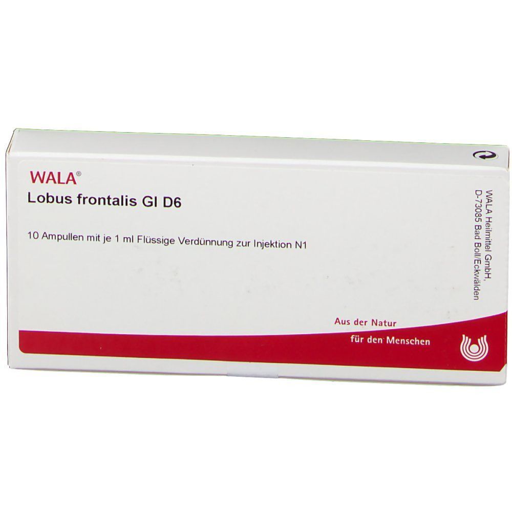 WALA® Lobus frontalis Gl D 6 Packung. Weiße Schachtel mit roter Linie. Logo, Produktbezeichnung und Text.