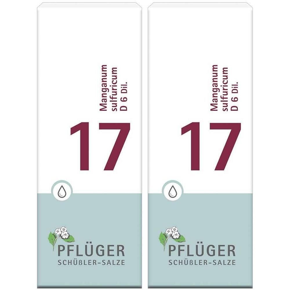 Zwei rechteckige Packungen. Aufschrift: Manganum sulfuricum D6, 17, PFLÜGER Schüßler-Salze. Tropfensymbol und Blüten.