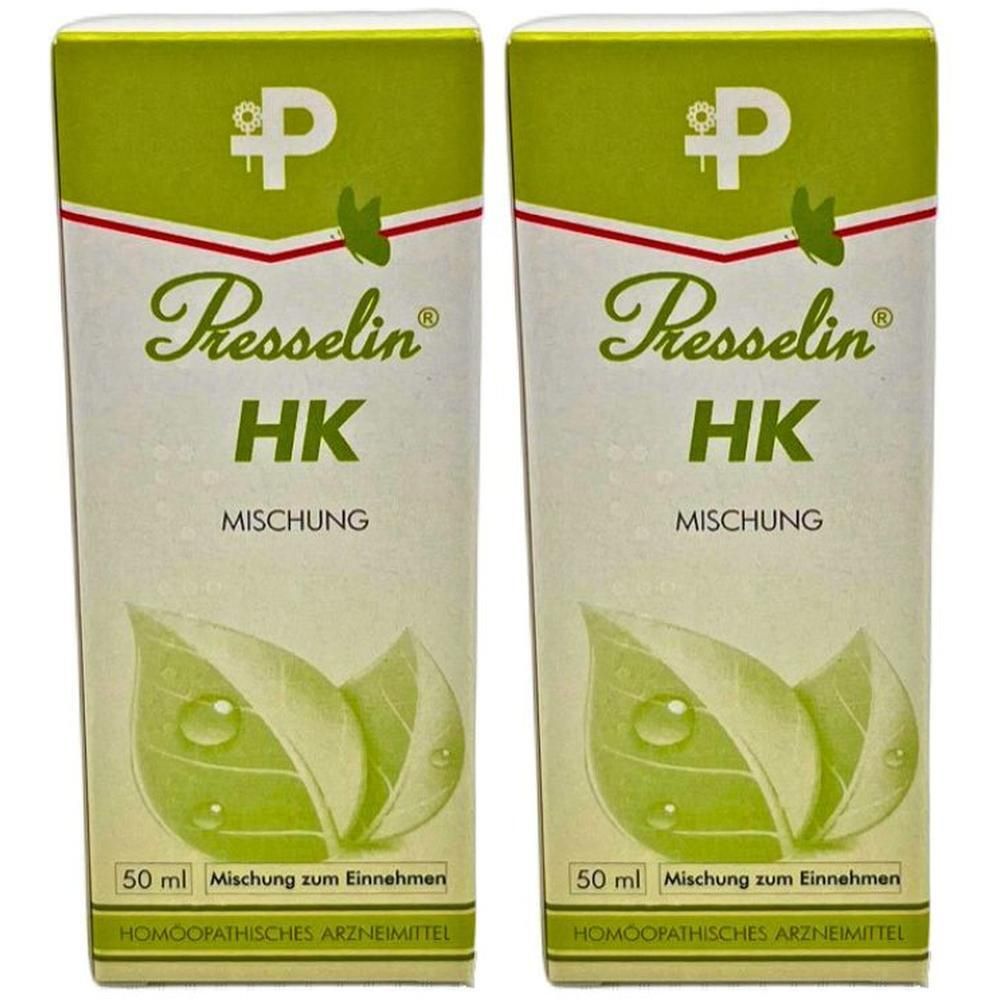 Zwei Kartons mit "Presselin HK Mischung". Grün-weiße Verpackung mit Logo, Blättern und Text. Unten steht "Homöopathisches Arzneimittel".
