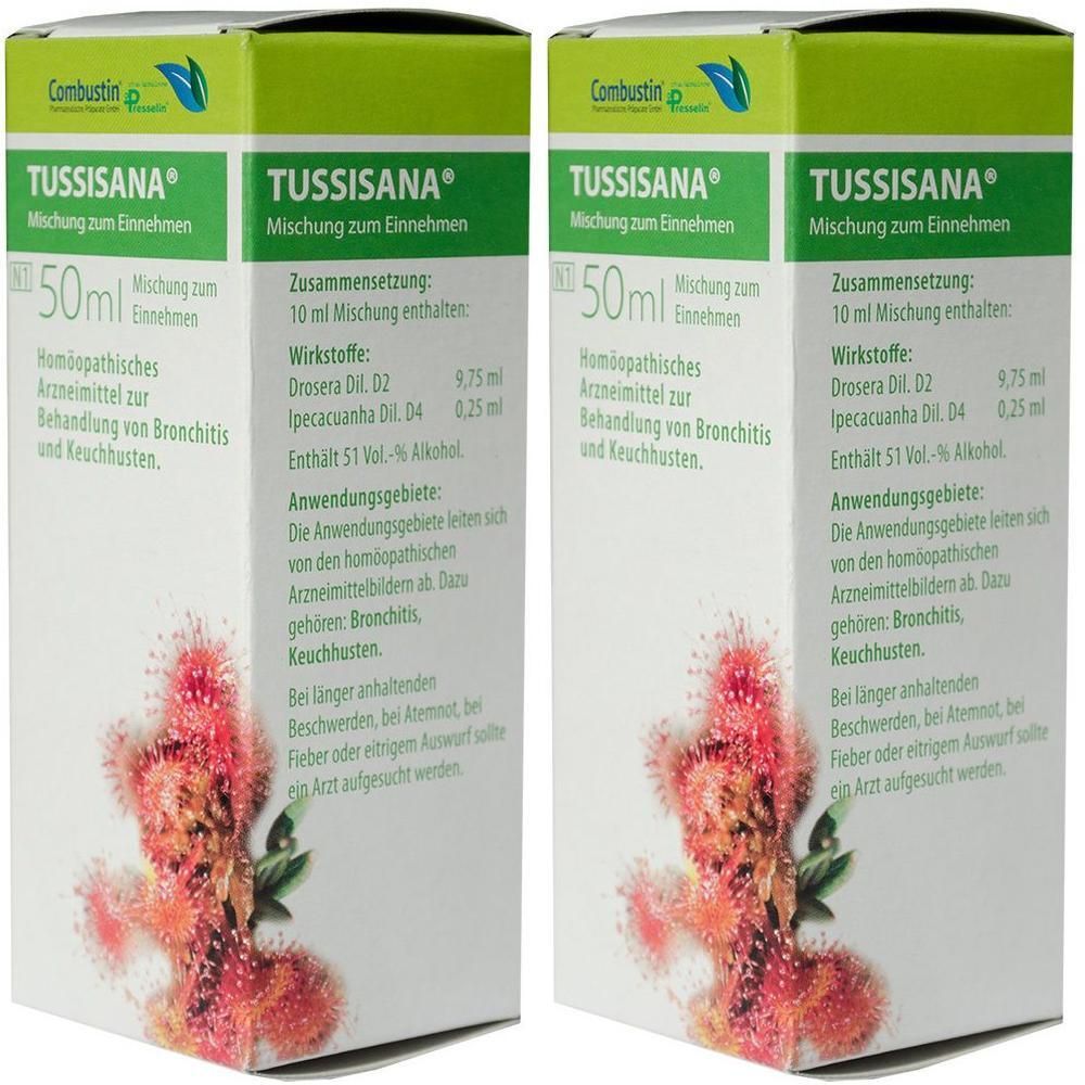 Zwei Schachteln Tussisana. Grün-weiße Verpackung mit Produktnamen und floralem Motiv. Enthält Informationen zur Zusammensetzung.