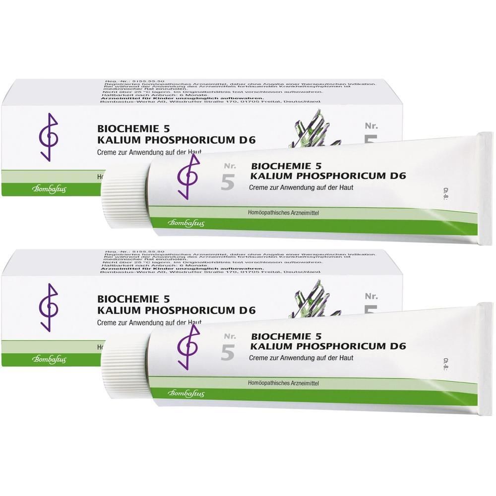 Zwei Tuben und Schachteln. Auf den Tuben steht BIOCHEMIE 5 KALIUM PHOSPHORICUM D6 Creme. Auf den Schachteln steht der gleiche Text.