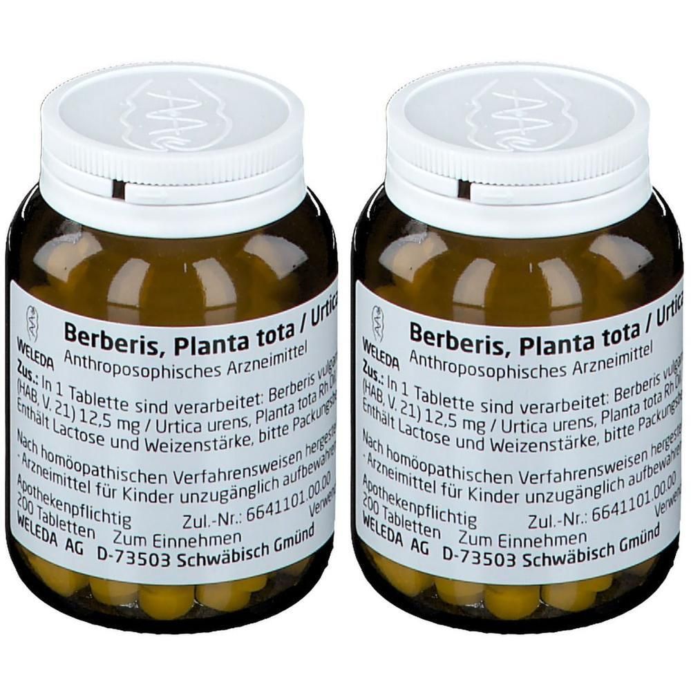 Zwei braune Glasflaschen mit weißen Deckeln. Auf den Etiketten steht: Berberis, Planta tota / Urtica urens. 200 Tabletten.