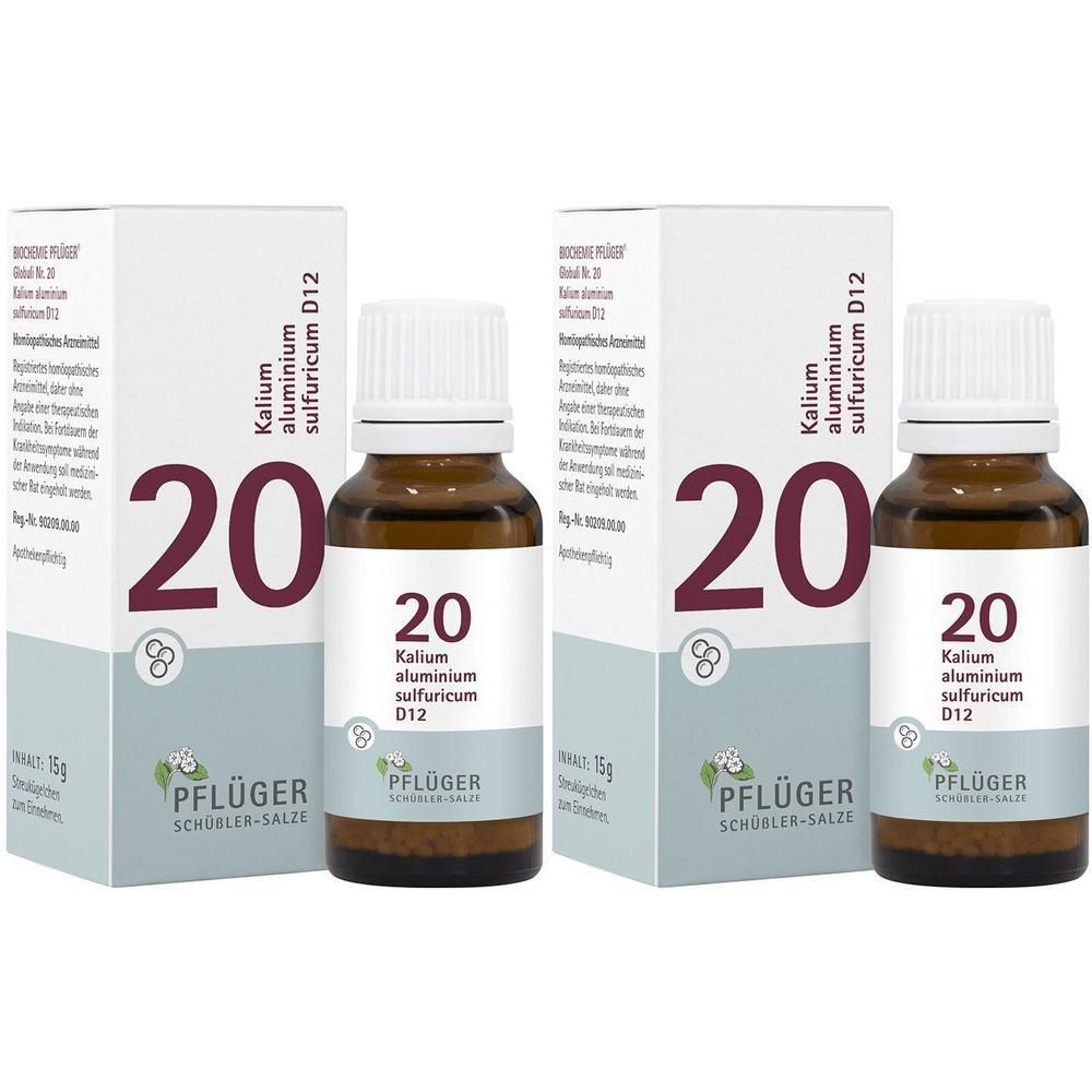 Zwei Flaschen und zwei Schachteln. Auf den Flaschen und Schachteln steht die Zahl 20, sowie „Kalium aluminium sulfuricum D12“ und das Logo von Pflüger.