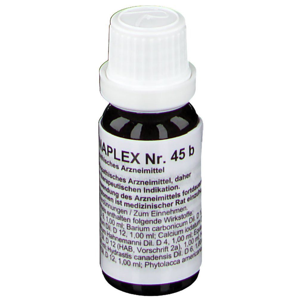 Fläschchen mit weißem Deckel und schwarzem Inhalt. Aufschrift: NAPLEX Nr. 45 b. Homöopathisches Arzneimittel.
