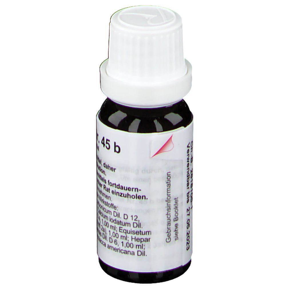 Fläschchen mit weißem Deckel und schwarzem Inhalt. Aufschrift: Nr. 45 b. Homöopathisches Arzneimittel. Rotes Logo.