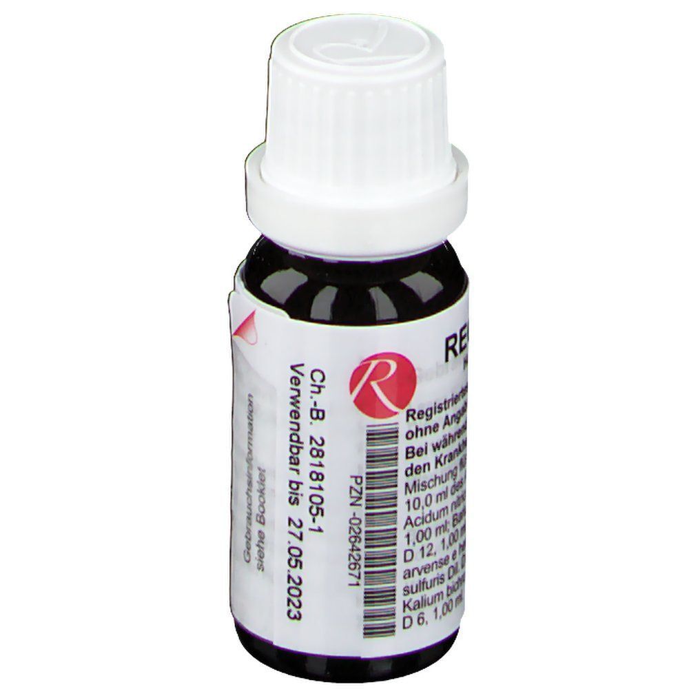 Fläschchen mit weißem Deckel und schwarzem Inhalt. Aufschrift: REGENAPLEX. Homöopathisches Arzneimittel. Rotes Logo.