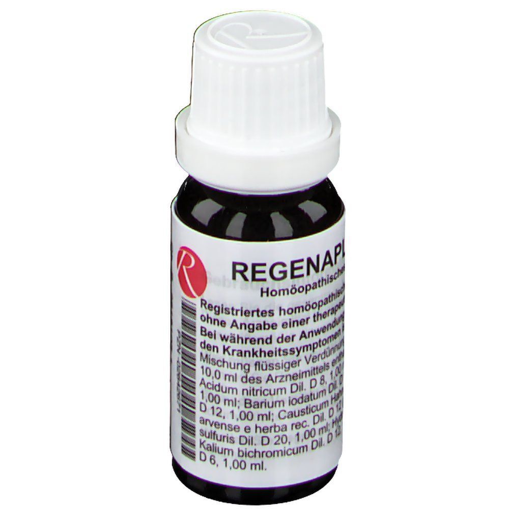 Fläschchen mit weißem Deckel und schwarzem Inhalt. Aufschrift: REGENAPLEX. Homöopathisches Arzneimittel. Rotes Logo.