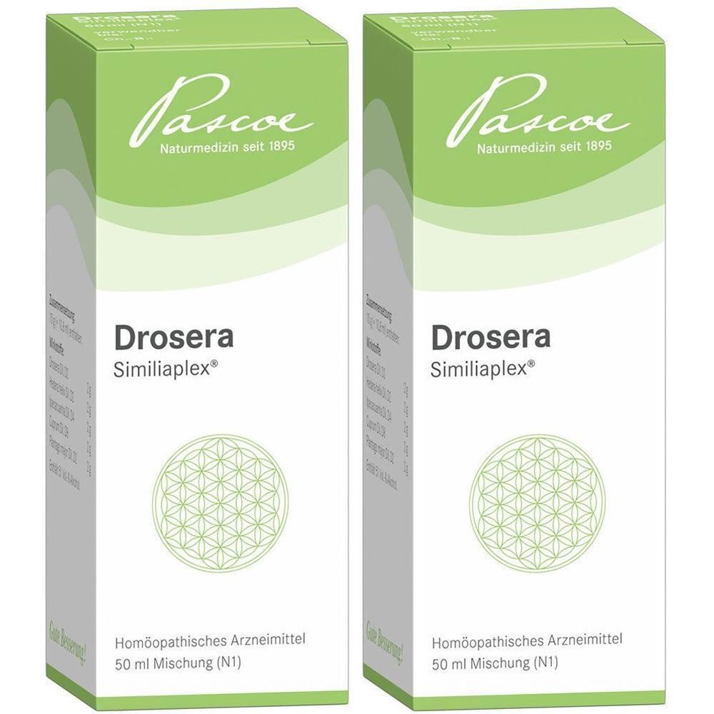 Zwei grüne Schachteln mit "Pascoe"-Logo und "Drosera Similiaplex®". Text: Homöopathisches Arzneimittel, 50 ml Mischung.