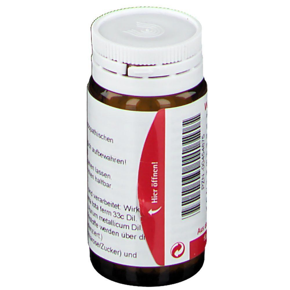 Braunes Glasfläschchen mit weißem Schraubverschluss, Etikett mit rotem Siegel und Barcode.