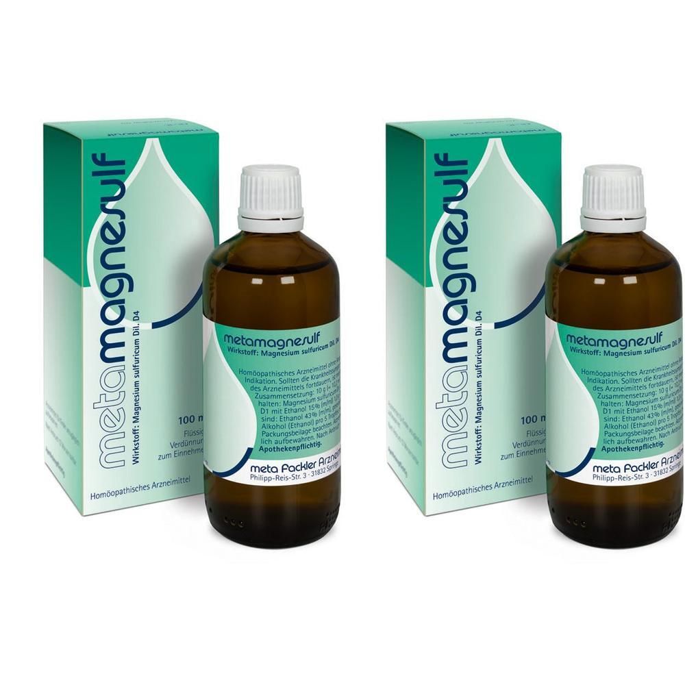 Zwei Flaschen metamagnesulf, 100 ml, mit Beipackzettel und Kartonverpackung.