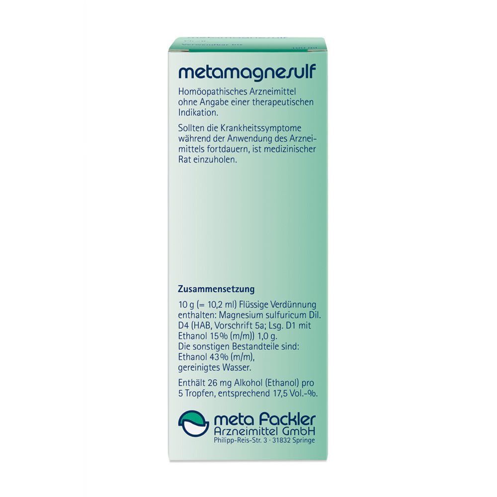 Rückseite der metamagnesulf Kartonverpackung mit Zusammensetzung und Anwendungshinweisen.