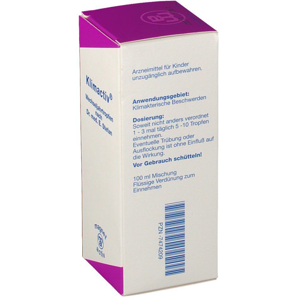 Schachtel Klimactiv Wechseljahrtropfen mit Anwendungshinweisen und Dosierung.
