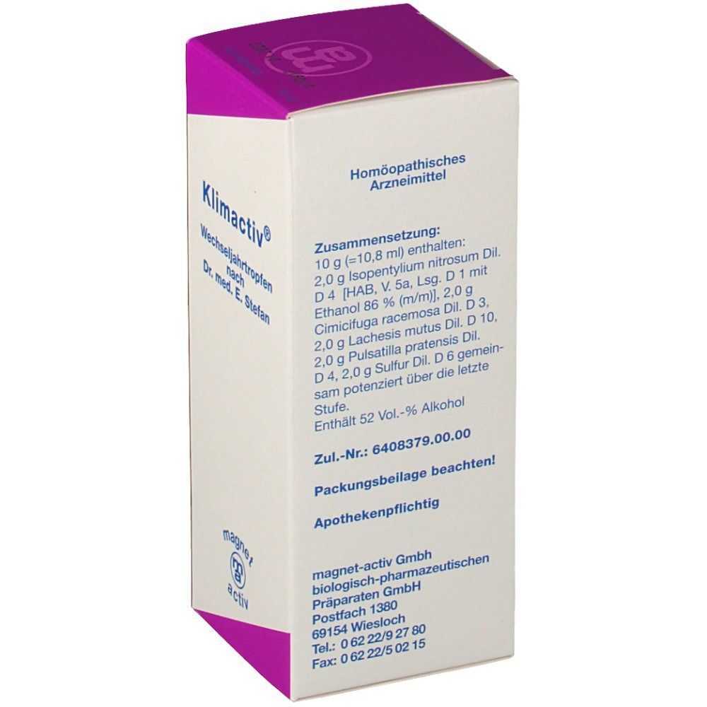 Rückseite der Schachtel Klimactiv Wechseljahrtropfen mit Zusammensetzung und Zulassungsnummer.