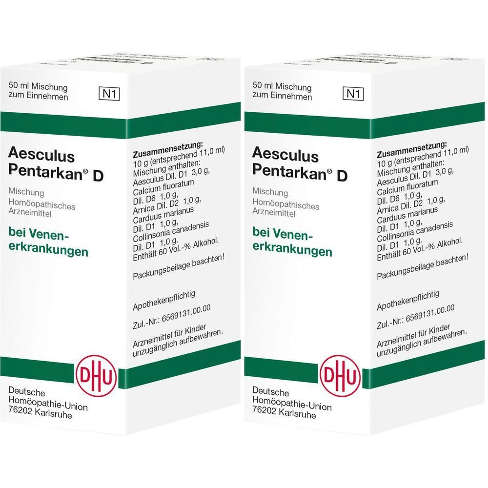 Zwei Packungen Aesculus Pentarkan D, 50 ml Mischung zum Einnehmen, für Venenerkrankungen.