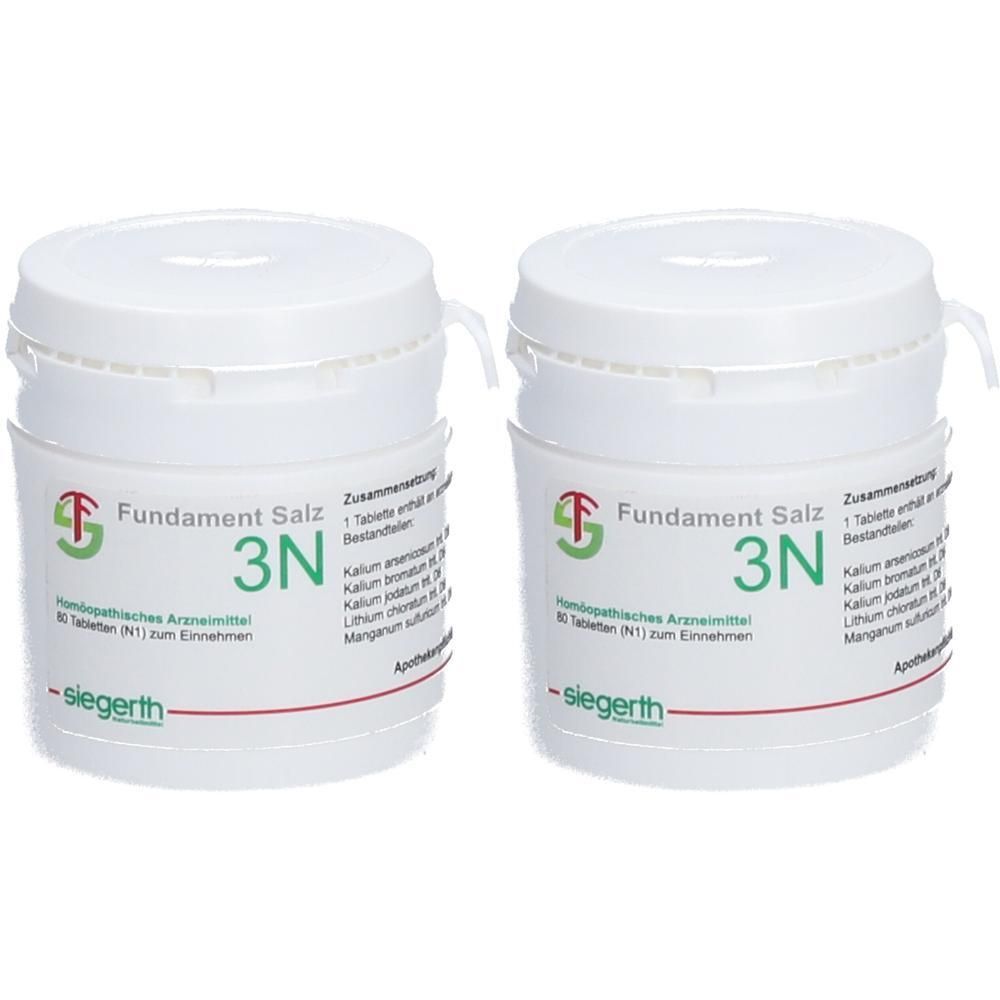 Zwei weiße Behälter mit Fundament Salz 3N Tabletten. Enthält 80 Tabletten (N1) pro Behälter.