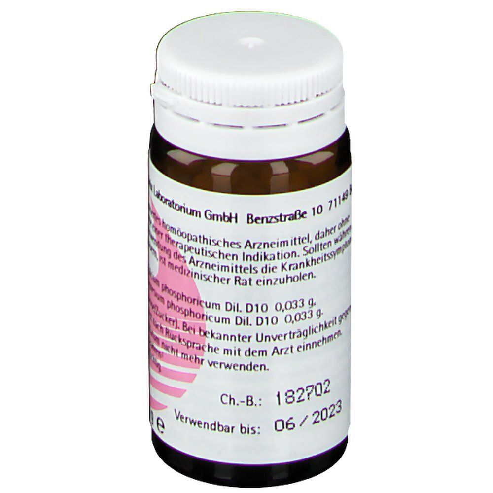 Rückseite eines Fläschchens Magnesium phosphoricum Phcp® Streukügelchen.