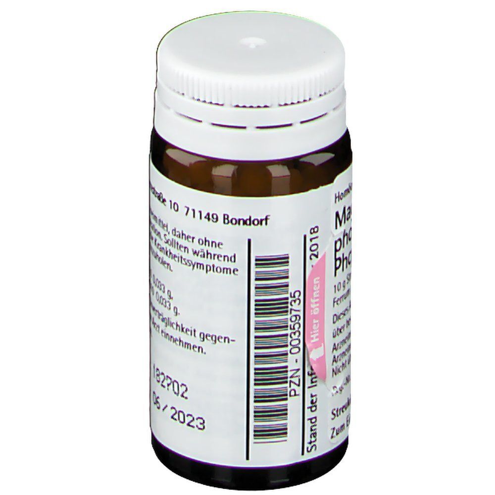 Rückseite eines Fläschchens Magnesium phosphoricum Phcp® Streukügelchen mit PZN.