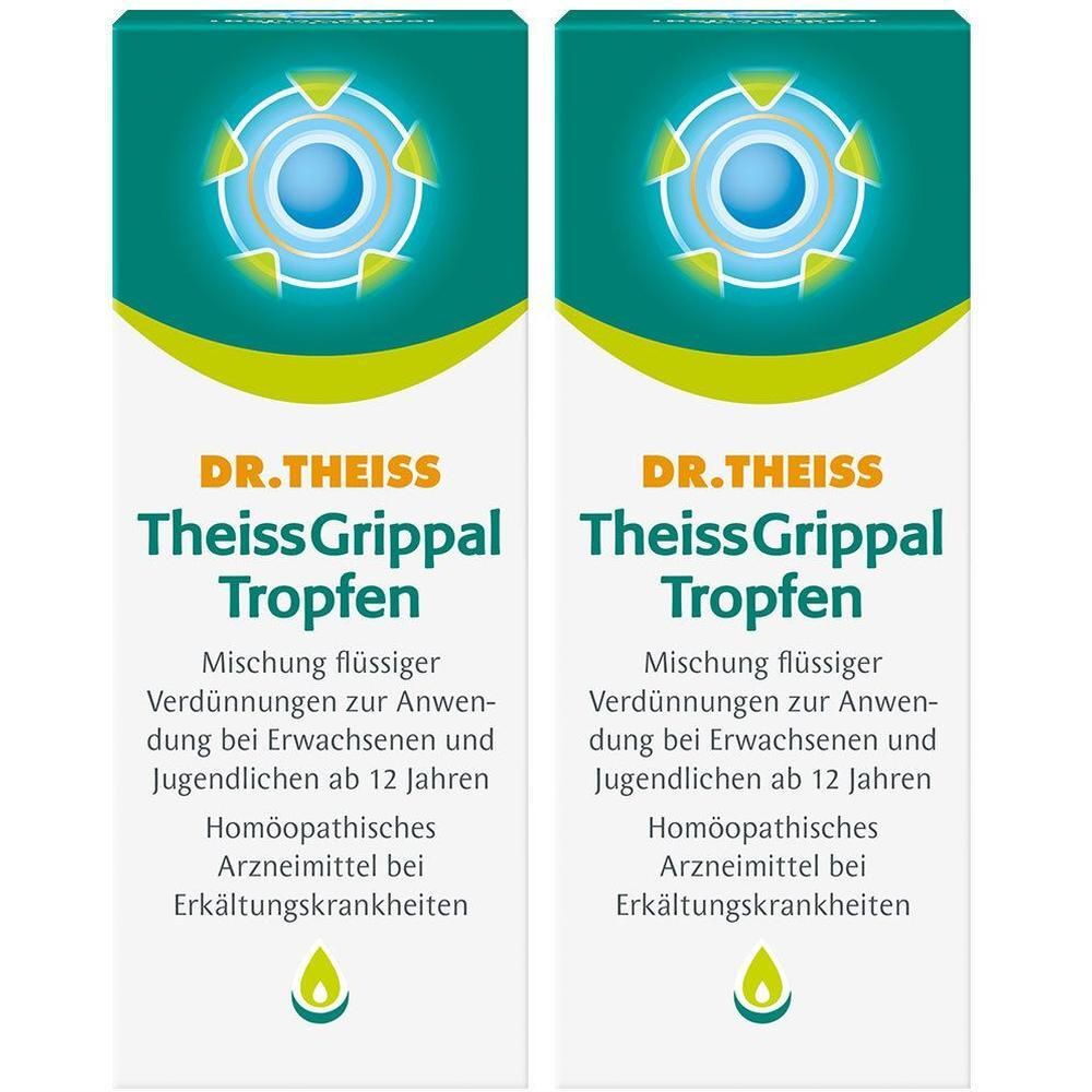 Zwei Packungen Dr. Theiss TheissGrippal Tropfen, homöopathisches Arzneimittel bei Erkältungskrankheiten.
