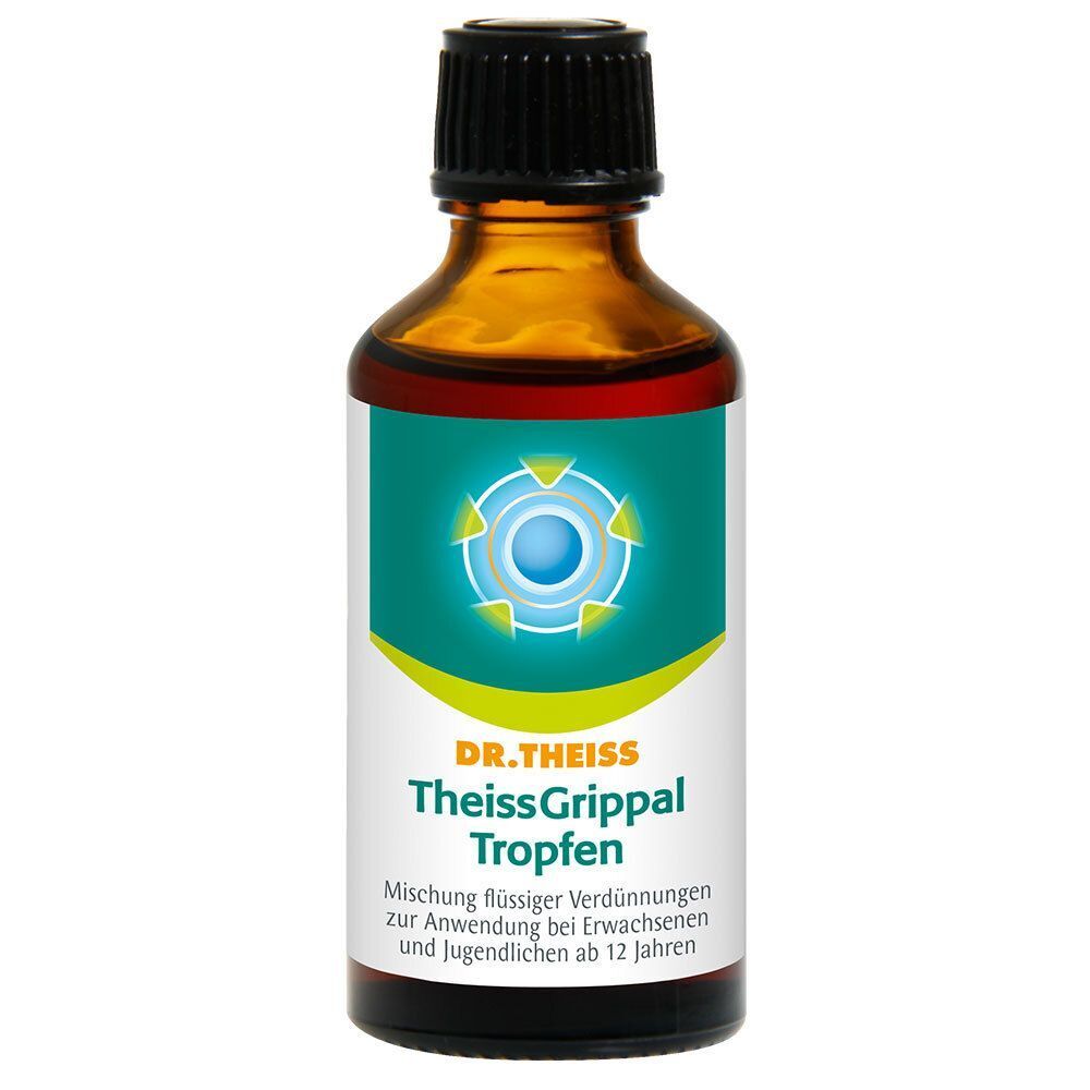 Flasche Dr. Theiss TheissGrippal Tropfen, homöopathisches Arzneimittel bei Erkältungskrankheiten.