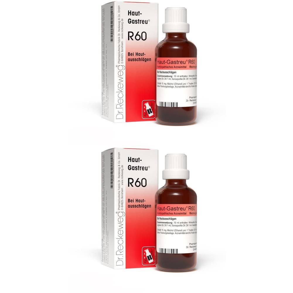 Zwei Dr. Reckeweg Haut-Gastreu R60 Tropfen Flaschen mit Schachteln. Braune Glasflaschen mit weißem Verschluss.