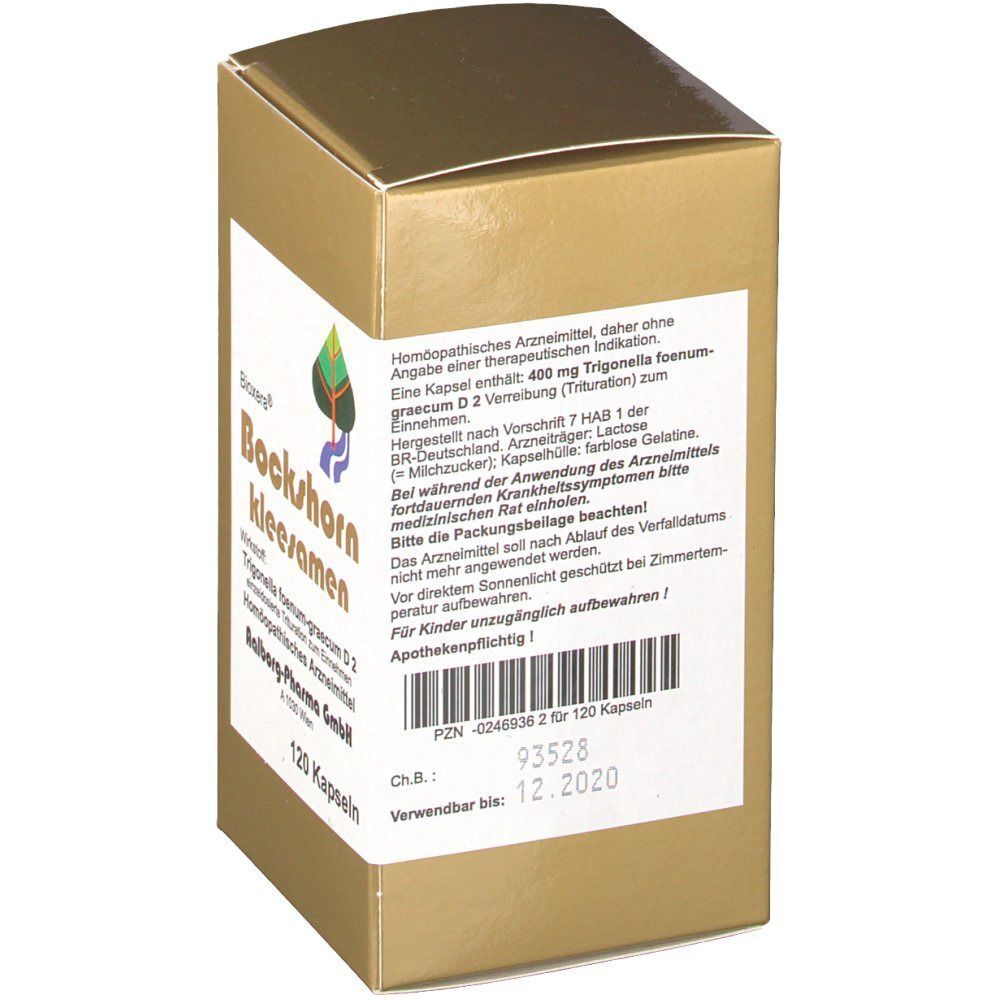 Goldener Karton mit Bioxera Bockshornkleesamen, Rückseite mit Informationen, 120 Kapseln.