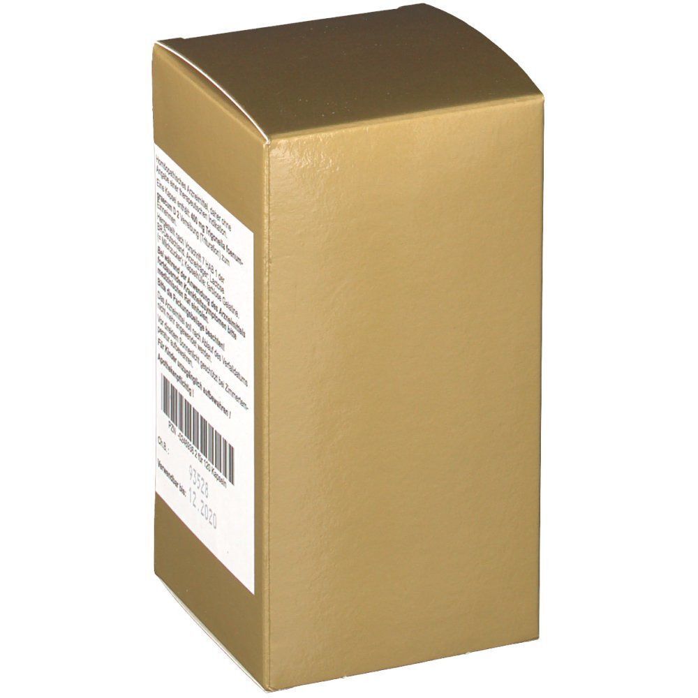 Goldener Karton mit Bioxera Bockshornkleesamen, Seite mit Informationen, 120 Kapseln.