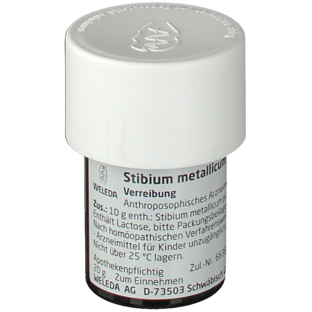 Ein Braunglasfläschchen mit weißem Schraubverschluss, beschriftet mit "Stibium metallicum".