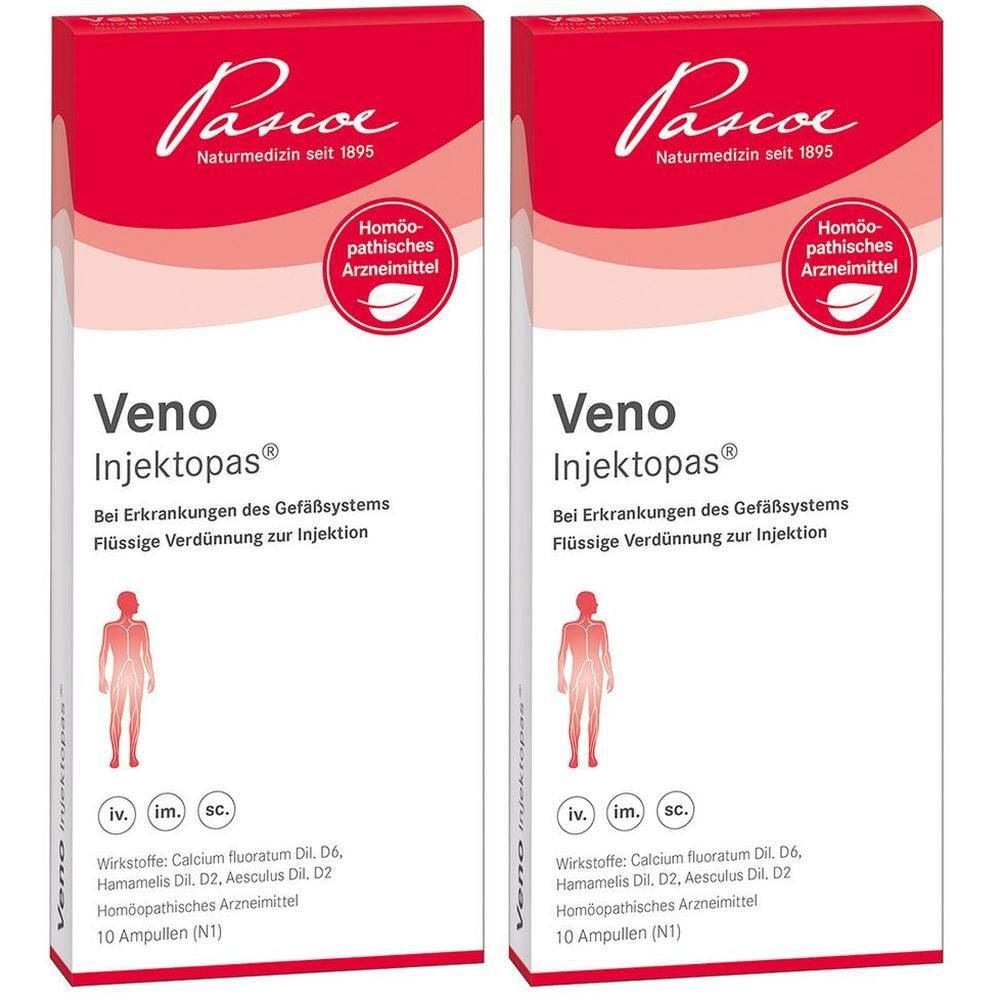 Zwei Packungen Veno Injektotopas, homöopathisches Arzneimittel, flüssige Verdünnung zur Injektion.
