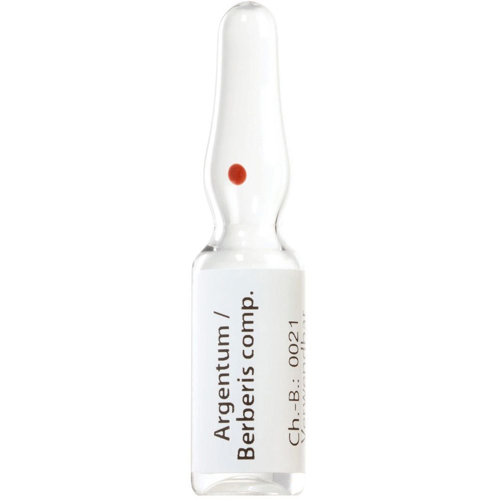 Eine Glasampulle Argentum / Berberis comp. mit rotem Punkt. Beschriftung mit Produktname und Chargennummer.