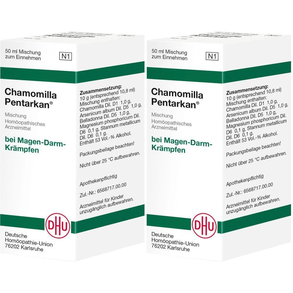 Zwei Packungen Chamomilla Pentarkan, 50 ml Mischung zum Einnehmen, für Magen-Darm-Krämpfe.