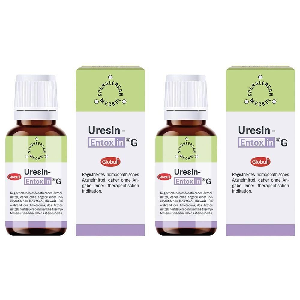 Drei Flaschen und Schachteln von Uresin-Entoxin G Globuli. Braune Glasflaschen mit weißen Kappen und grünen Etiketten.