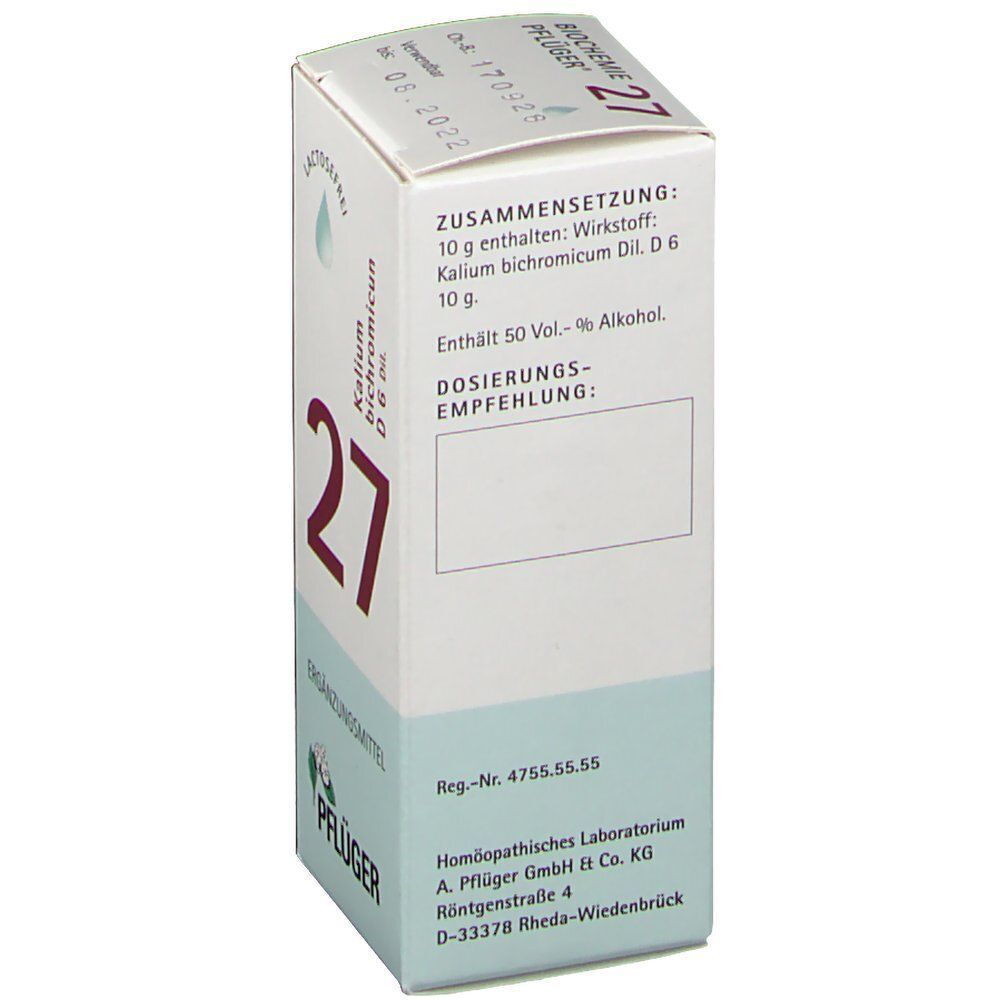 Rückseite einer Packung Schüßler-Salz Nr. 27 Kalium bichromicum D6 von Pflüger.